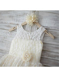 A-line/Princess Sleeveless Scoop Hand-made Flower Tea-Length Lace Flower Girl Dresses TPP0007792