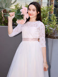 A-Line/Princess Lace Applique Scoop 3/4 Sleeves Floor-Length Junior Bridesmaid Dresses TPP0005859