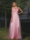 A-Line/Princess Tulle Ruffles V-neck Sleeveless Sweep/Brush Train Bridesmaid Dresses TPP0005008