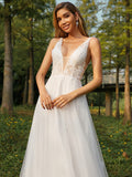 A-Line/Princess Tulle Applique V-neck Sleeveless Sweep/Brush Train Wedding Dresses TPP0006365