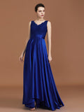 A-Line/Princess V-neck Sleeveless Satin Asymmetrical Lace Bridesmaid Dress TPP0005532