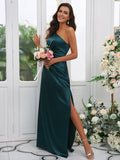 Sheath/Column Elastic Woven Satin Ruched One-Shoulder Sleeveless Floor-Length Bridesmaid Dresses TPP0004908