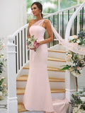 Sheath/Column Stretch Crepe Ruched One-Shoulder Sleeveless Sweep/Brush Train Bridesmaid Dresses TPP0004913