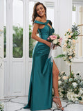 Sheath/Column Charmeuse Ruched Off-the-Shoulder Sleeveless Sweep/Brush Train Bridesmaid Dresses TPP0004898