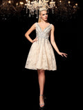 A-Line/Princess V-neck Beading Sleeveless Short Lace Cocktail Dresses TPP0008254