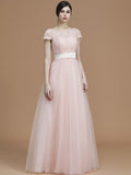 A-Line/Princess Bateau Short Sleeves Floor-Length Sash/Ribbon/Belt Tulle Bridesmaid Dresses TPP0005494