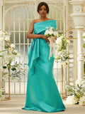 Sheath/Column Satin Ruched One-Shoulder Sleeveless Sweep/Brush Train Bridesmaid Dresses TPP0004923