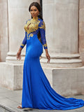 Trumpet/Mermaid Applique Long Sleeves Jersey High Neck Sweep/Brush Train Dresses TPP0001476