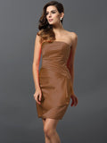 Sheath/Column Strapless Ruched Sleeveless Short Satin Bridesmaid Dresses TPP0005761