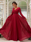 A-Line/Princess Chiffon Ruched V-neck Long Sleeves Floor-Length Bridesmaid Dresses TPP0004950