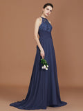 A-Line/Princess Scoop Sleeveless Sweep Train Chiffon Lace Bridesmaid Dress TPP0005607