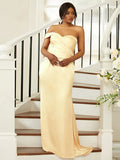 Sheath/Column Elastic Woven Satin Ruched One-Shoulder Sleeveless Sweep/Brush Train Bridesmaid Dresses TPP0004986