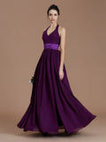 A-Line/Princess Halter Sleeveless Sash/Ribbon/Belt Floor-Length Chiffon Bridesmaid Dresses TPP0005410