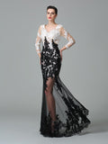 Sheath/Column V-neck Lace 3/4 Sleeves Long Net Dresses TPP0002992