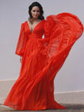 A-Line/Princess V-neck Long Sleeves 3D Chiffon Ruffles Sweep/Brush Train Dresses TPP0001444