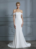 Trumpet/Mermaid Off-the-Shoulder Sleeveless Lace Chiffon Sweep/Brush Train Wedding Dresses TPP0006339