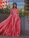 A-Line/Princess Square 1/2 Sleeves Charmeuse Ruffles Floor-Length Dresses TPP0004692