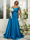 A-Line/Princess Silk like Satin Ruffles Off-the-Shoulder Sleeveless Sweep/Brush Train Bridesmaid Dresses TPP0004978