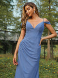 Sheath/Column Chiffon Ruched V-neck Sleeveless Floor-Length Bridesmaid Dresses TPP0005002