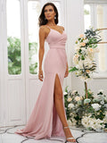 Sheath/Column Stretch Crepe Ruched V-neck Sleeveless Sweep/Brush Train Bridesmaid Dresses TPP0004893