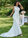 Trumpet/Mermaid Lace Ruffles Scoop Sleeveless Sweep/Brush Train Wedding Dresses TPP0006397