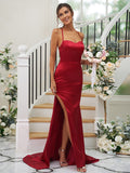 Sheath/Column Elastic Woven Satin Ruched Square Sleeveless Sweep/Brush Train Bridesmaid Dresses TPP0004933