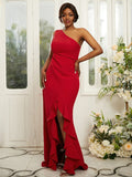 Sheath/Column Stretch Crepe Ruched One-Shoulder Sleeveless Sweep/Brush Train Bridesmaid Dresses TPP0004982