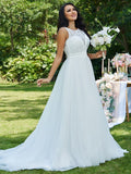 A-Line/Princess Tulle Lace Scoop Sleeveless Sweep/Brush Train Wedding Dresses TPP0006398