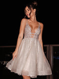 A-Line/Princess Sleeveless V-neck Tulle Beading Short/Mini Homecoming Dresses TPP0004065