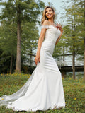 A-Line/Princess Charmeuse Lace Off-the-Shoulder Sleeveless Sweep/Brush Train Bridesmaid Dresses TPP0004991