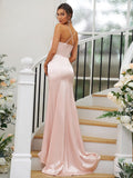 Sheath/Column Silk like Satin Ruched V-neck Sleeveless Sweep/Brush Train Bridesmaid Dresses TPP0004907