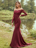 Sheath/Column Stretch Crepe Applique Off-the-Shoulder Long Sleeves Sweep/Brush Train Bridesmaid Dresses TPP0004985