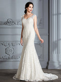 Trumpet/Mermaid Sleeveless V-Neck Lace Sweep/Brush Train Wedding Dresses TPP0006374