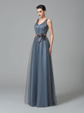 A-Line/Princess Straps Sash/Ribbon/Belt Sleeveless Long Net Bridesmaid Dresses TPP0005595