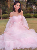 A-Line/Princess Long Sleeves Floor-Length Tulle Applique Off-the-Shoulder Dresses TPP0001440