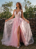 A-Line/Princess Tulle Applique V-neck Sleeveless Sweep/Brush Train Dresses TPP0001430