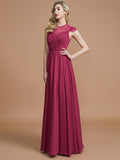 A-Line/Princess Scoop Short Sleeves Chiffon Floor-Length Bridesmaid Dresses TPP0005597