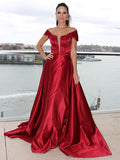 A-Line/Princess Satin Off-the-Shoulder Ruffles Sleeveless Sweep/Brush Train Dresses TPP0004780