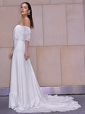 Sheath/Column Lace Ruffles Off-the-Shoulder Short Sleeves Sweep/Brush Train Wedding Dresses TPP0006510