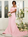 Sheath/Column Stretch Crepe Ruched Off-the-Shoulder Sleeveless Sweep/Brush Train Bridesmaid Dresses TPP0004974