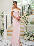 Sheath/Column Stretch Crepe Ruched Off-the-Shoulder Sleeveless Sweep/Brush Train Bridesmaid Dresses TPP0004926