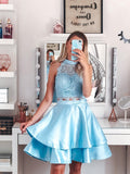 A-Line/Princess Satin Lace Sleeveless Halter Short/Mini Two Piece Homecoming Dresses TPP0004654