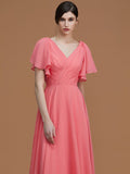 A-Line/Princess V-neck Short Sleeves Floor-Length Ruched Chiffon Bridesmaid Dresses TPP0005041