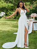 A-Line/Princess Chiffon Ruffles Halter Sleeveless Sweep/Brush Train Wedding Dresses TPP0006344