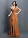 A-Line/Princess One-Shoulder Hand-Made Flower Sleeveless Long Chiffon Bridesmaid Dresses TPP0005570