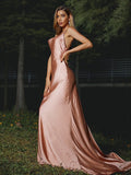 Sheath/Column Charmeuse Ruched Spaghetti Straps Sleeveless Sweep/Brush Train Bridesmaid Dresses TPP0004939