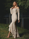 Trumpet/Mermaid Stretch Crepe Lace Off-the-Shoulder Long Sleeves Asymmetrical Bridesmaid Dresses TPP0004952