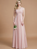 A-Line/Princess V-neck Sleeveless Ruched Floor-Length Chiffon Bridesmaid Dresses TPP0005343