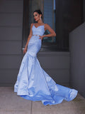 Trumpet/Mermaid Satin Lace V-neck Sleeveless Sweep/Brush Train Two Piece Dresses TPP0004496