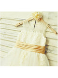 A-line/Princess Sleeveless Scoop Lace Tea-Length Tulle Flower Girl Dresses TPP0007784